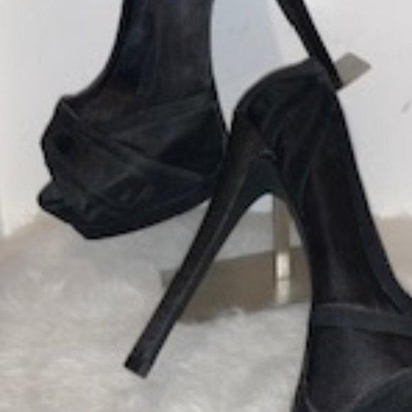 Black Suede and Satin Stiletto Peep Toe - Picture 2 of 5